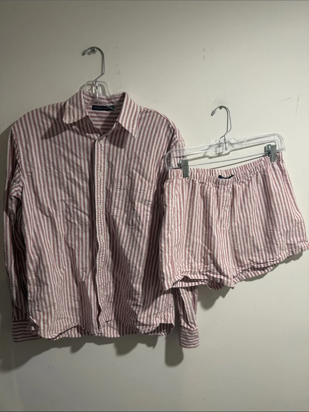 Brandy Melville Red and White Striped Button-Up Shirt & Shorts Set One Size